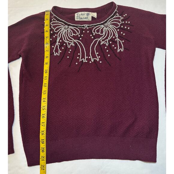 Anthropologie Field Flower Pearled Bow Beaded Sweater Maroon Wool Blend Size S - Picture 4 of 8